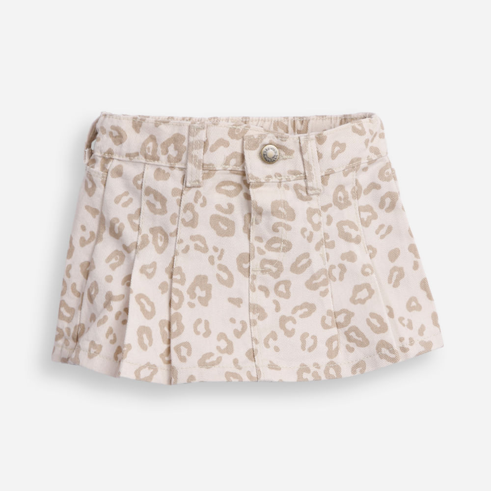 Short saia plissada infantil de sarja animal print bege Short saia plissada infantil de sarja animal print bege