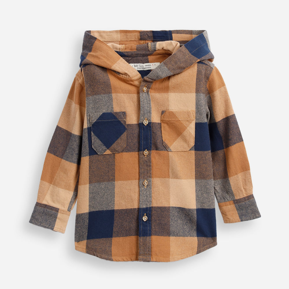 Camisa de algodão infantil com capuz xadrez marrom Camisa de algodão infantil com capuz xadrez marrom