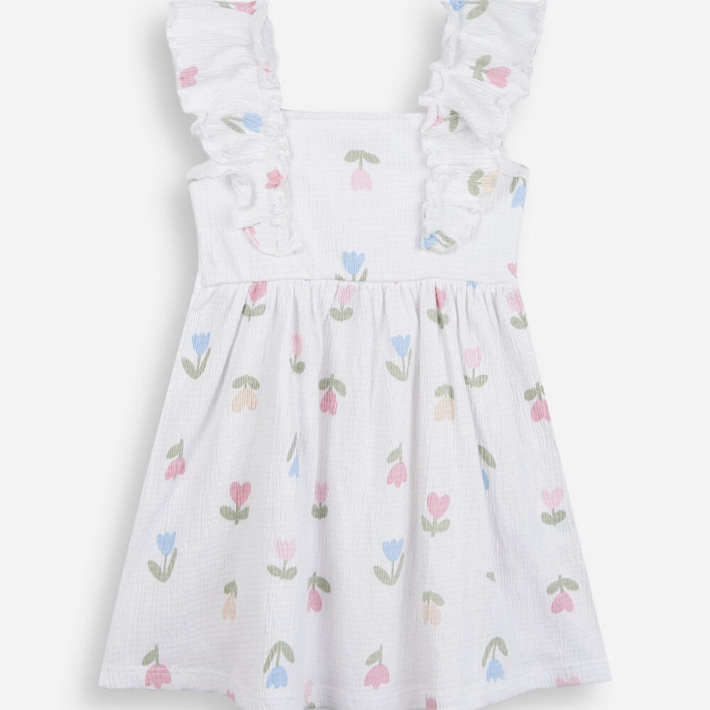 Vestido infantil de algodão com babado floral texturizado off white Vestido infantil de algodão com babado floral texturizado off white