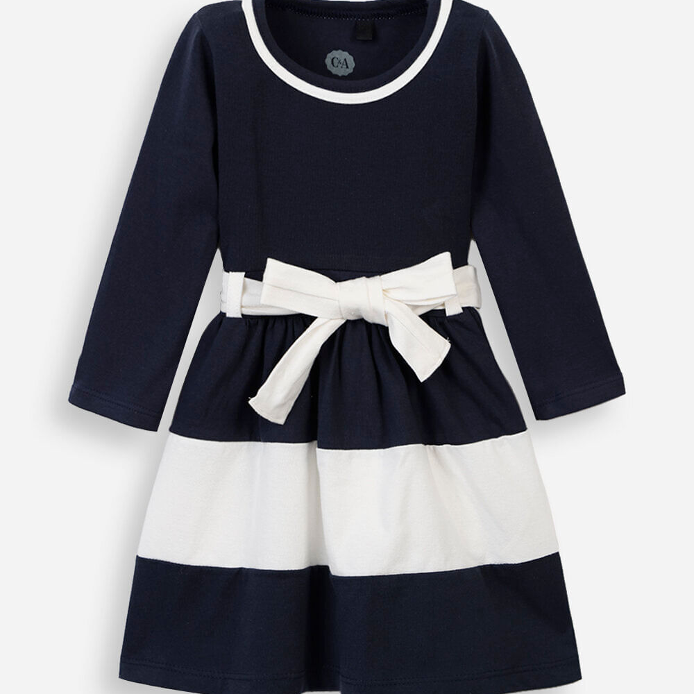 Vestido infantil de algodão com recortes e laço manga longa azul Vestido infantil de algodão com recortes e laço manga longa azul