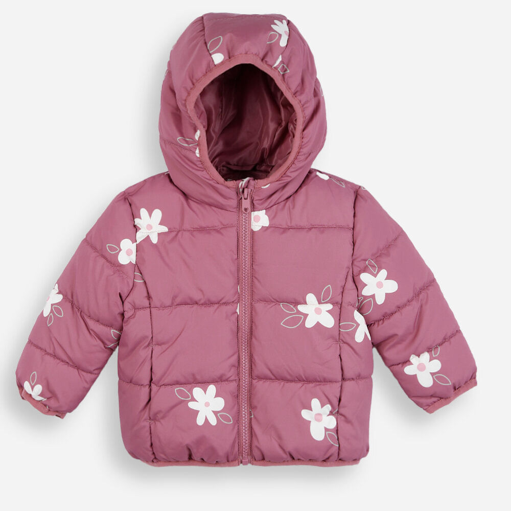 Jaqueta puffer infantil com capuz floral rosa Jaqueta puffer infantil com capuz floral rosa