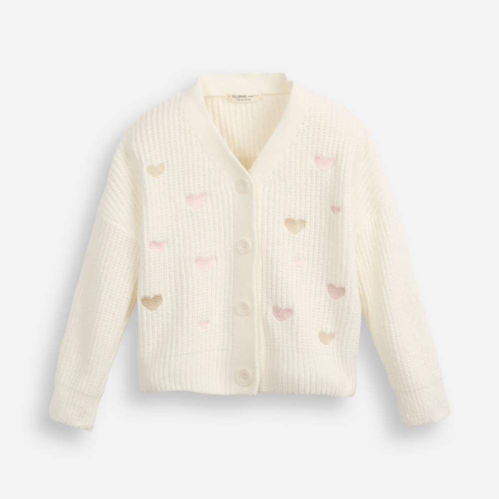 Cardigan infantil de tricot bordado corações off white Cardigan infantil de tricot bordado corações off white