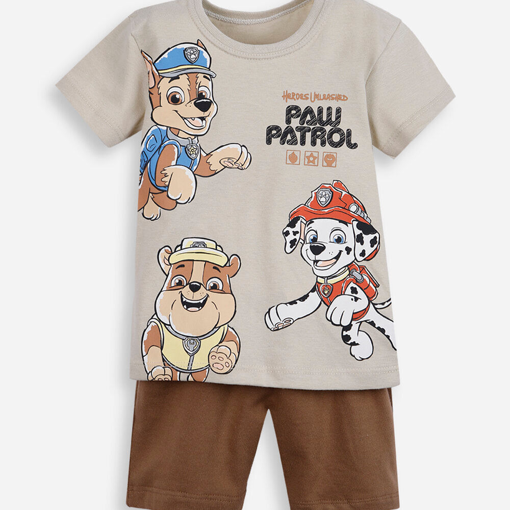 Conjunto curto infantil de algodão patrulha canina bege Conjunto curto infantil de algodão patrulha canina bege