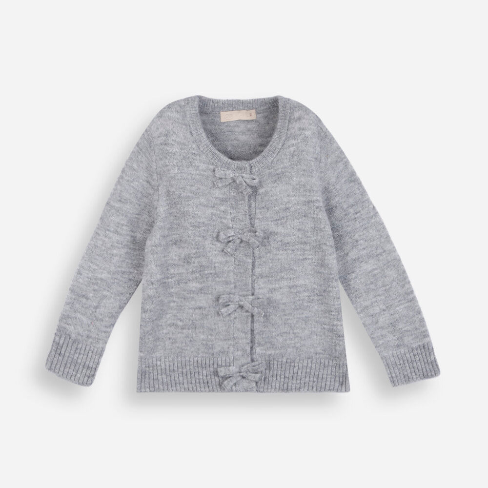 Cardigan infantil de tricot com laços cinza Cardigan infantil de tricot com laços cinza