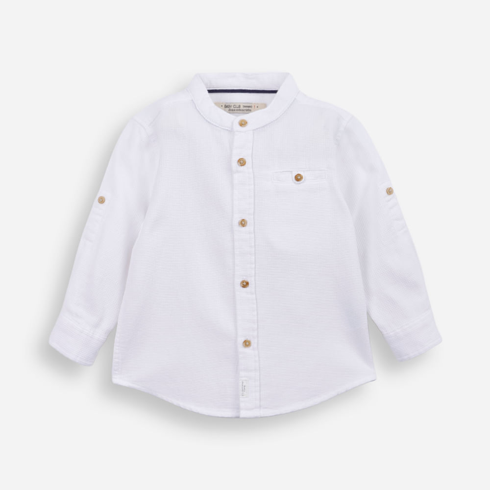 Camisa infantil de algodão gola padre texturizada off white Camisa infantil de algodão gola padre texturizada off white