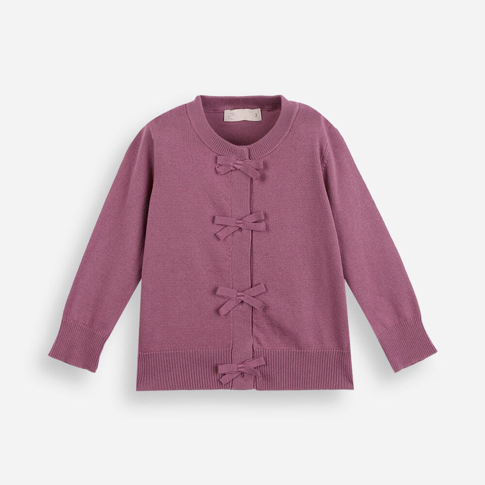 Cardigan infantil de tricot com lacinhos roxo Cardigan infantil de tricot com lacinhos roxo