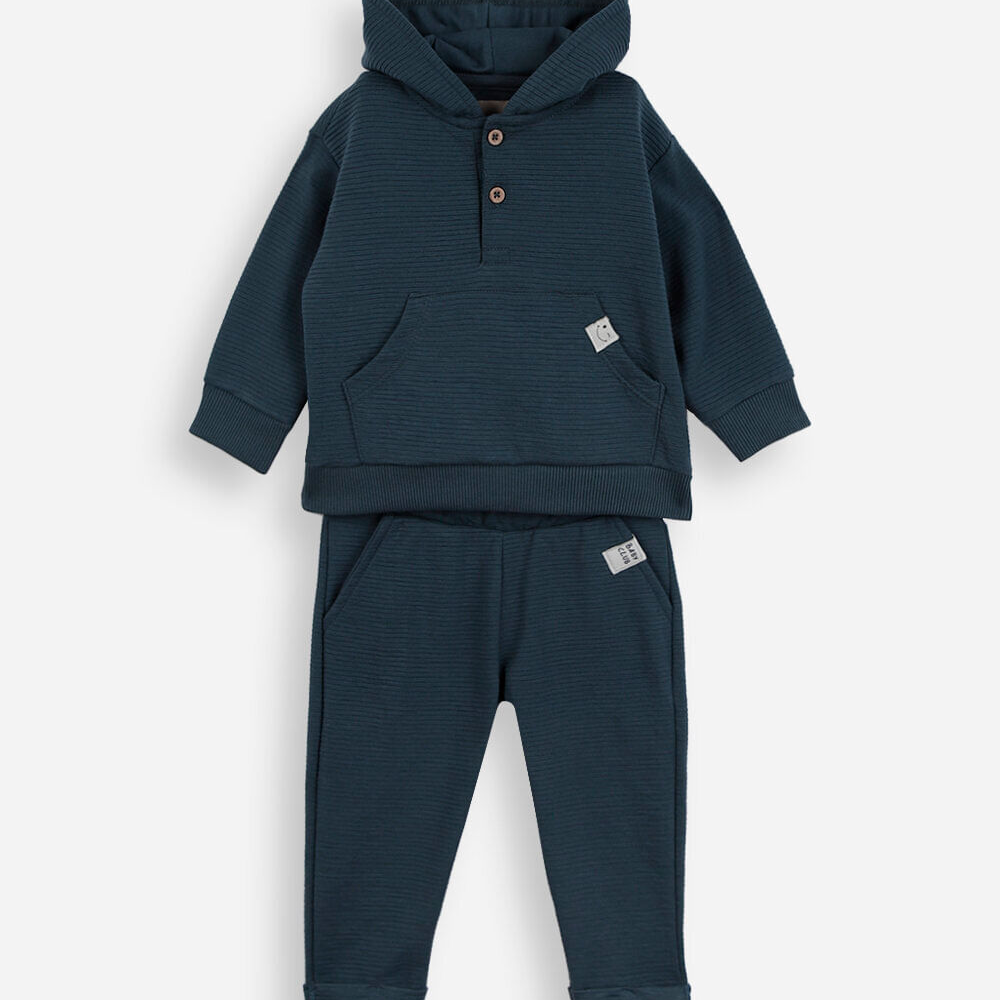 Conjunto de moletom infantil canelado com capuz azul Conjunto de moletom infantil canelado com capuz azul