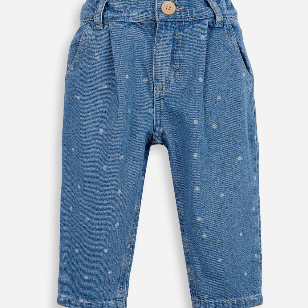 Calça infantil jeans com pregas poá azul Calça infantil jeans com pregas poá azul