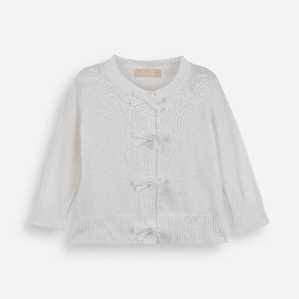 Cardigan infantil de tricot com lacinhos off white Cardigan infantil de tricot com lacinhos off white