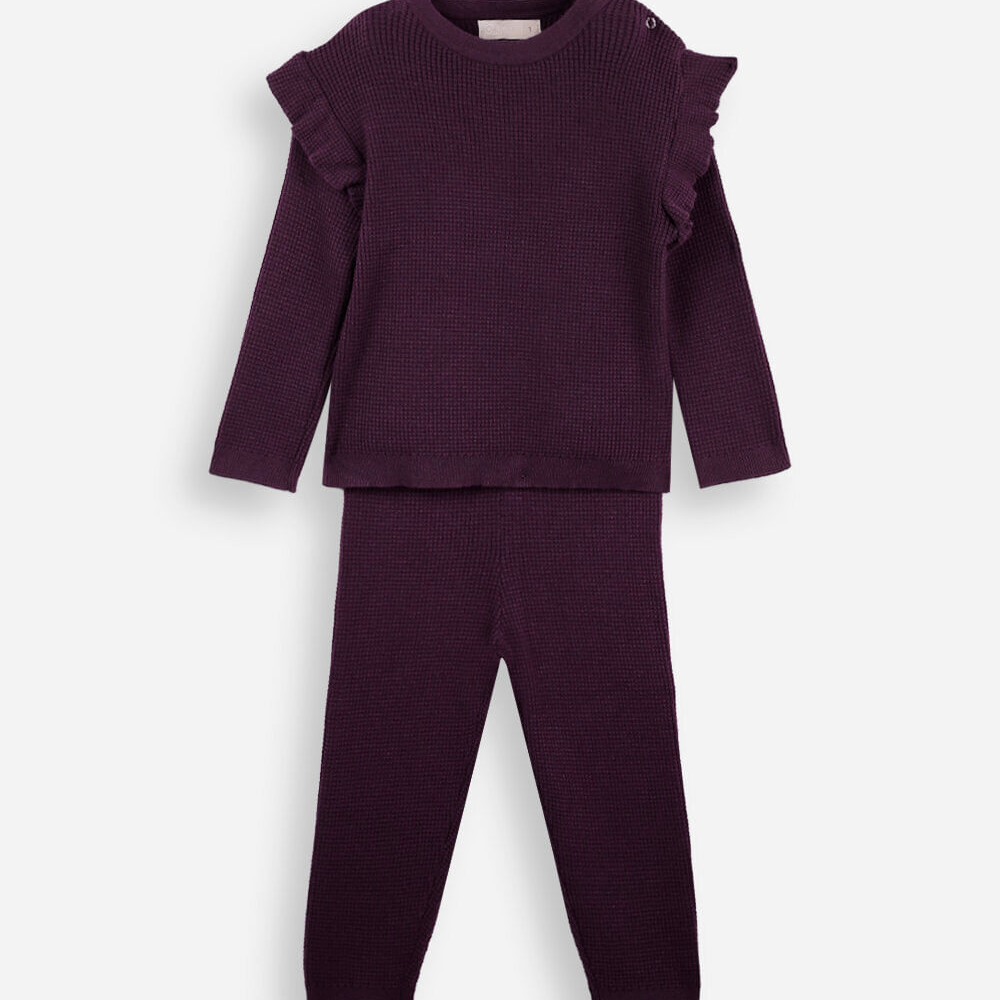 Conjunto longo infantil com babado texturizado vinho Conjunto longo infantil com babado texturizado vinho