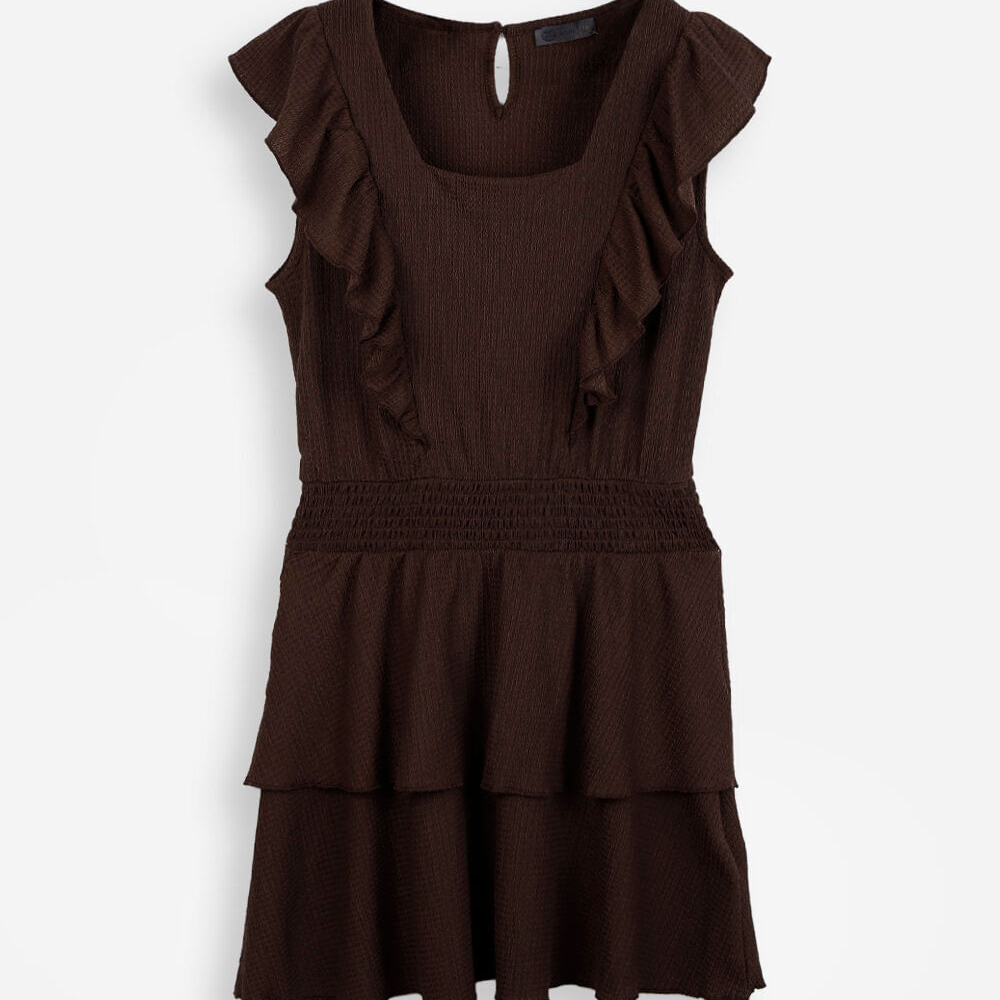 Vestido curto juvenil texturizado com babados marrom Vestido curto juvenil texturizado com babados marrom
