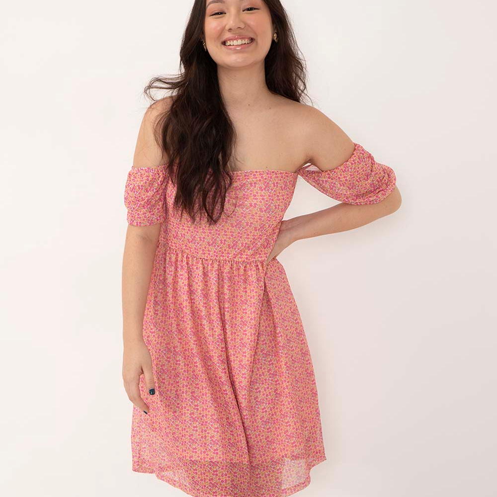 Vestido juvenil midi de tule floral manga bufante rosa Vestido juvenil midi de tule floral manga bufante rosa