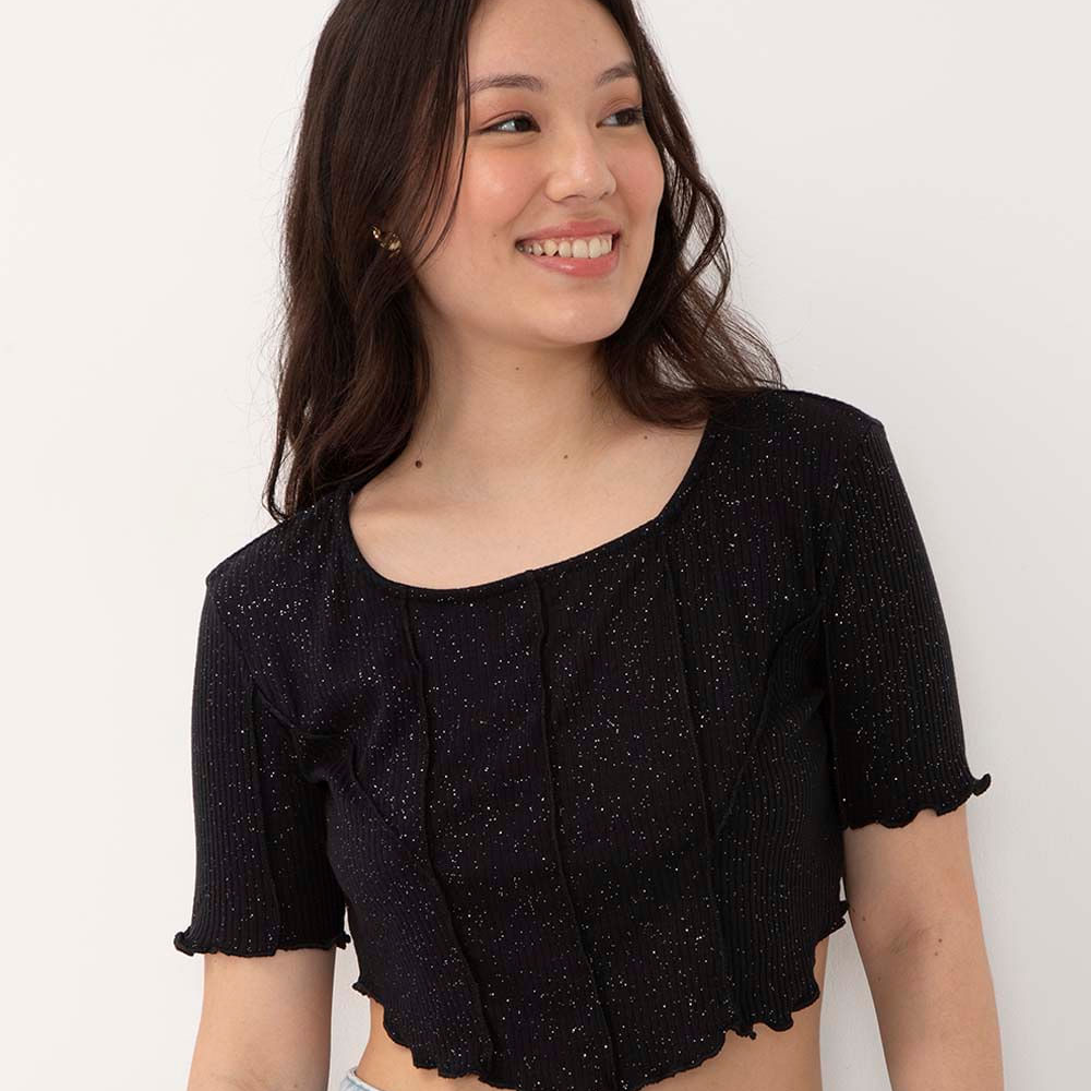 Blusa cropped juvenil de malha com glitter manga curta preta Blusa cropped juvenil de malha com glitter manga curta preta