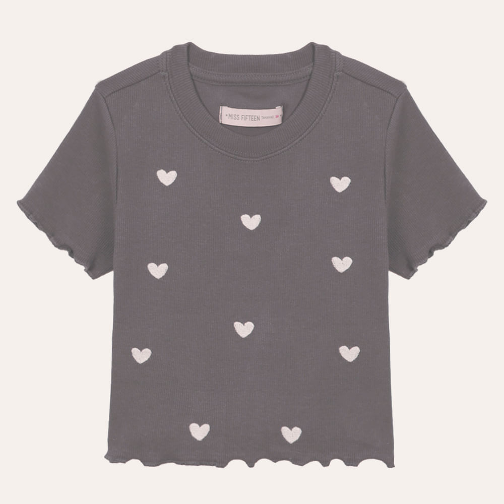 Camiseta de algodão juvenil manga curta coração com fru fru cinza