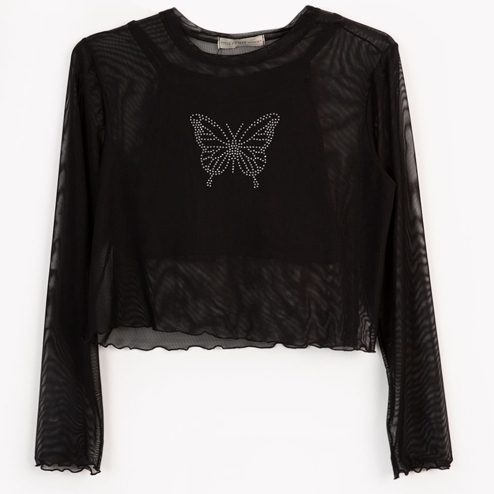 Blusa juvenil de tule cropped borboleta preto Blusa juvenil de tule cropped borboleta preto