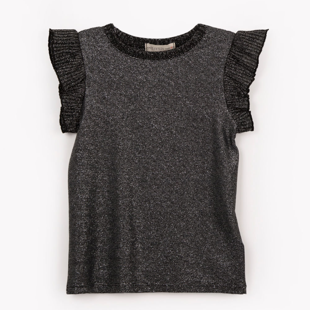 Blusa de viscose juvenil com brilho e babado preto