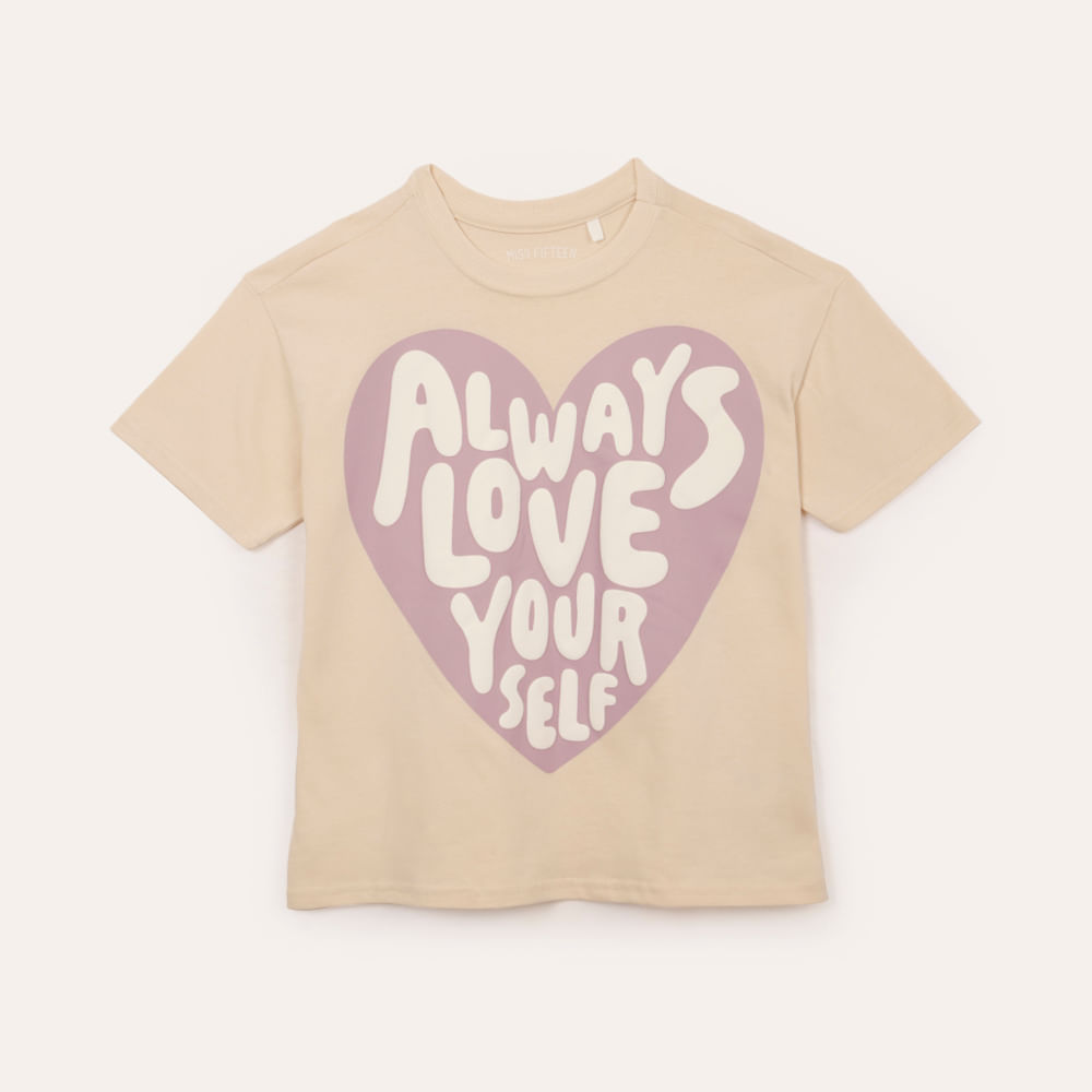 Camiseta de algodão infantil oversized coração bege Camiseta de algodão infantil oversized coração bege