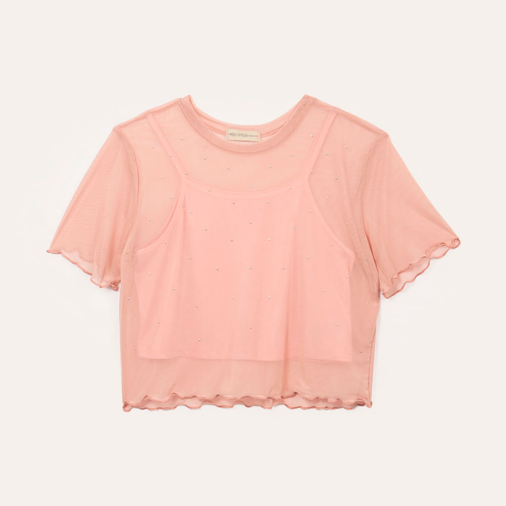 Blusa de tule juvenil com brilho manga curta rosa Blusa de tule juvenil com brilho manga curta rosa