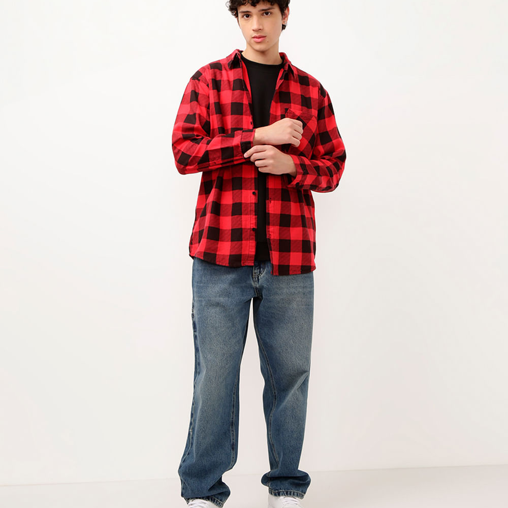 Camisa juvenil xadrez flanelado com bolso manga longa vermelho