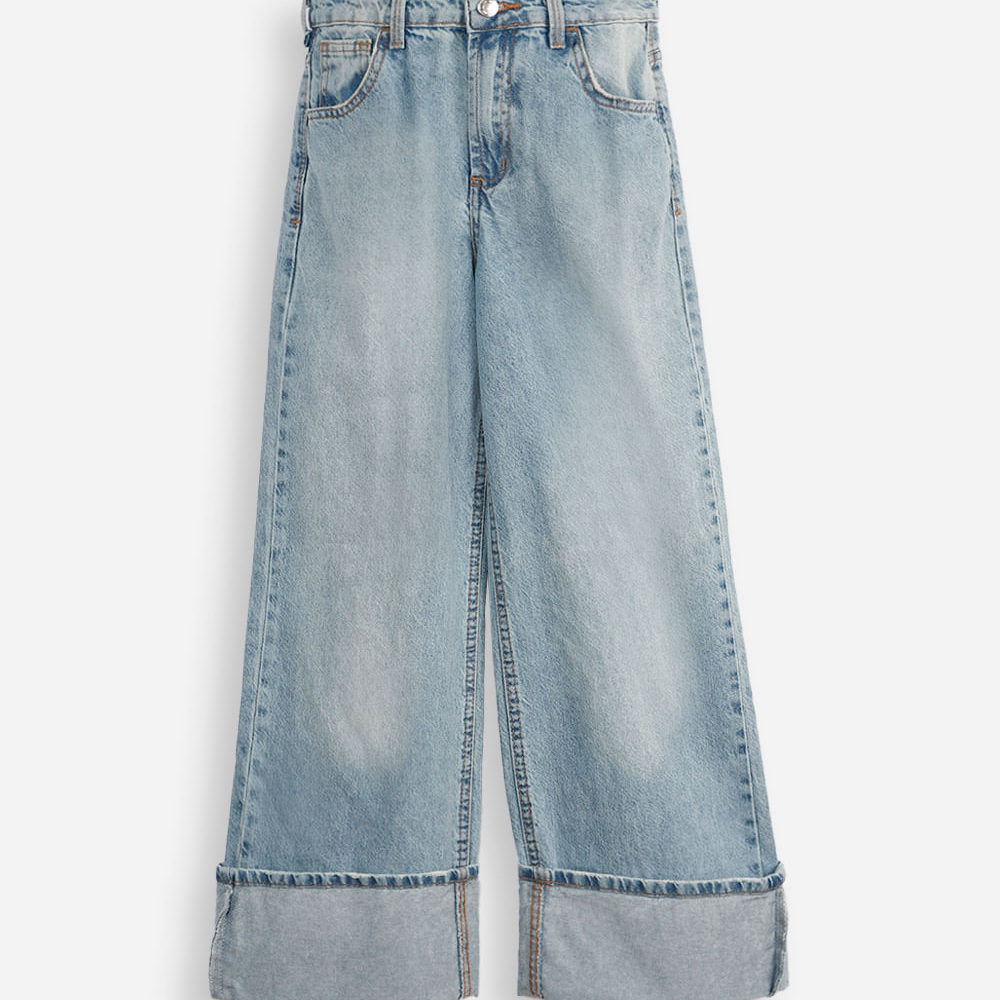 Calça wide leg juvenil jeans com barra dobrada azul Calça wide leg juvenil jeans com barra dobrada azul