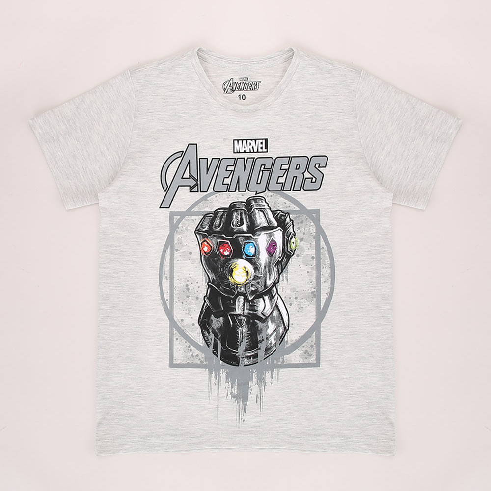 Camiseta Infantil Manopla do Infinito Os Vingadores Manga Curta Gola Careca Cinza Mescla Claro Camiseta Infantil Manopla do Infinito Os Vingadores Manga Curta Gola Careca Cinza Mescla Claro