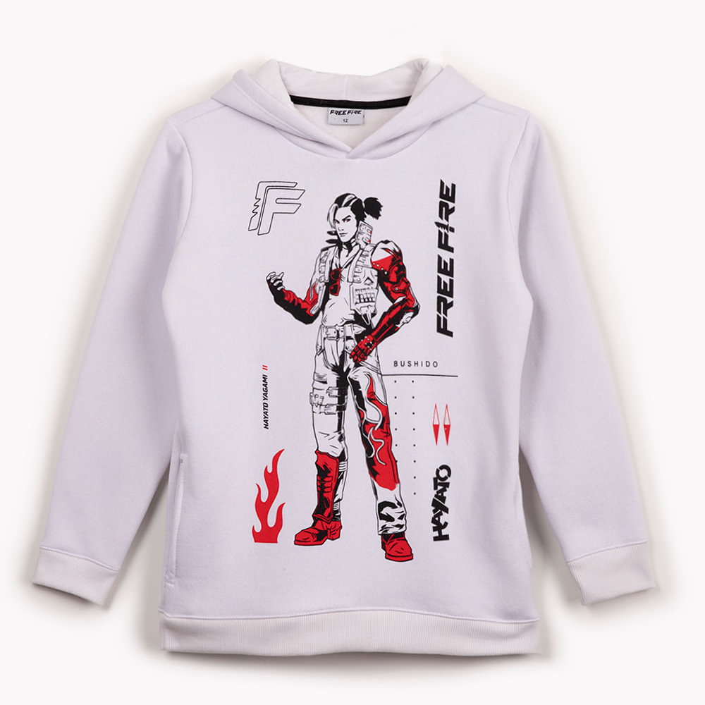 Blusa de moletom juvenil free fire com capuz branco Blusa de moletom juvenil free fire com capuz branco