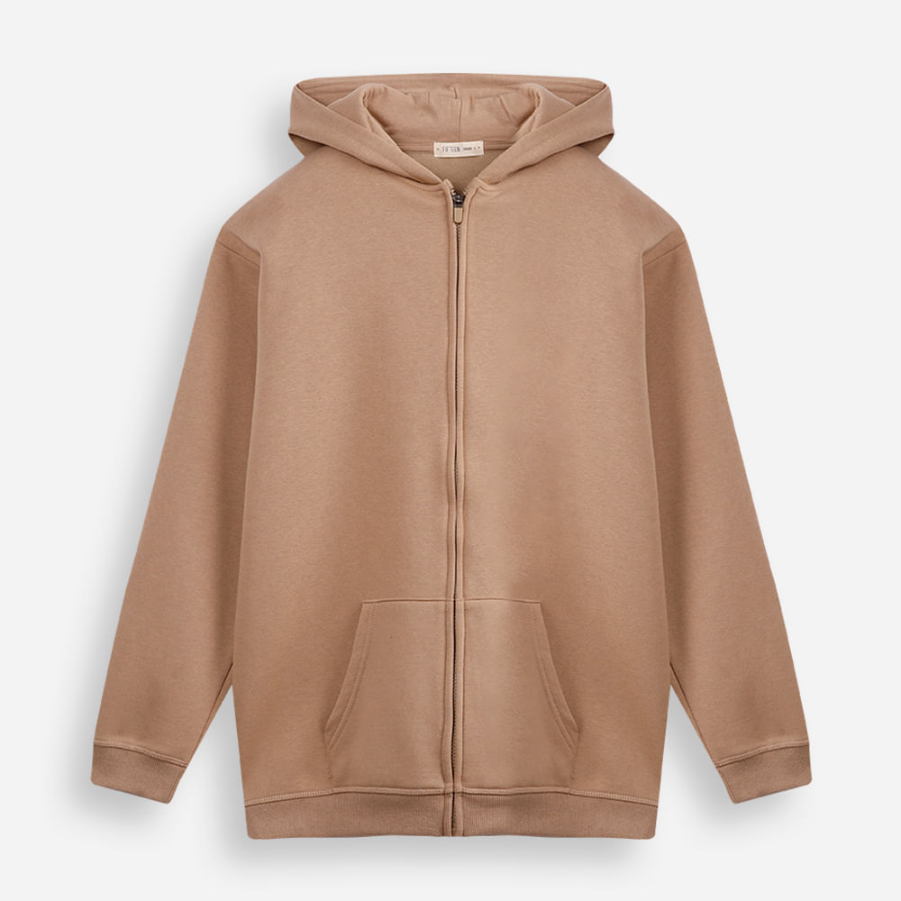 Jaqueta oversized juvenil de moletom com capuz e bolso bege