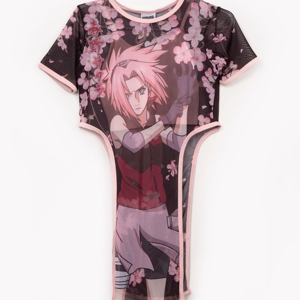Blusa de tule juvenil assimétrica naruto manga curta preto Blusa de tule juvenil assimétrica naruto manga curta preto