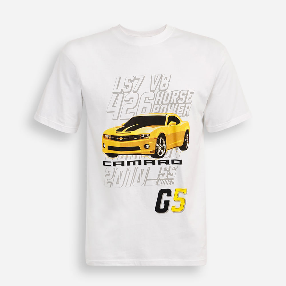 Camiseta comfort juvenil manga curta chevrolet camaro off white