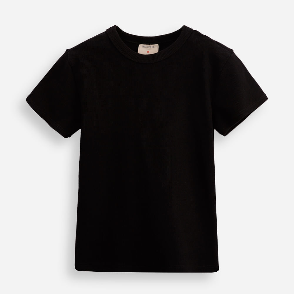 Blusa de algodão juvenil canelada preta