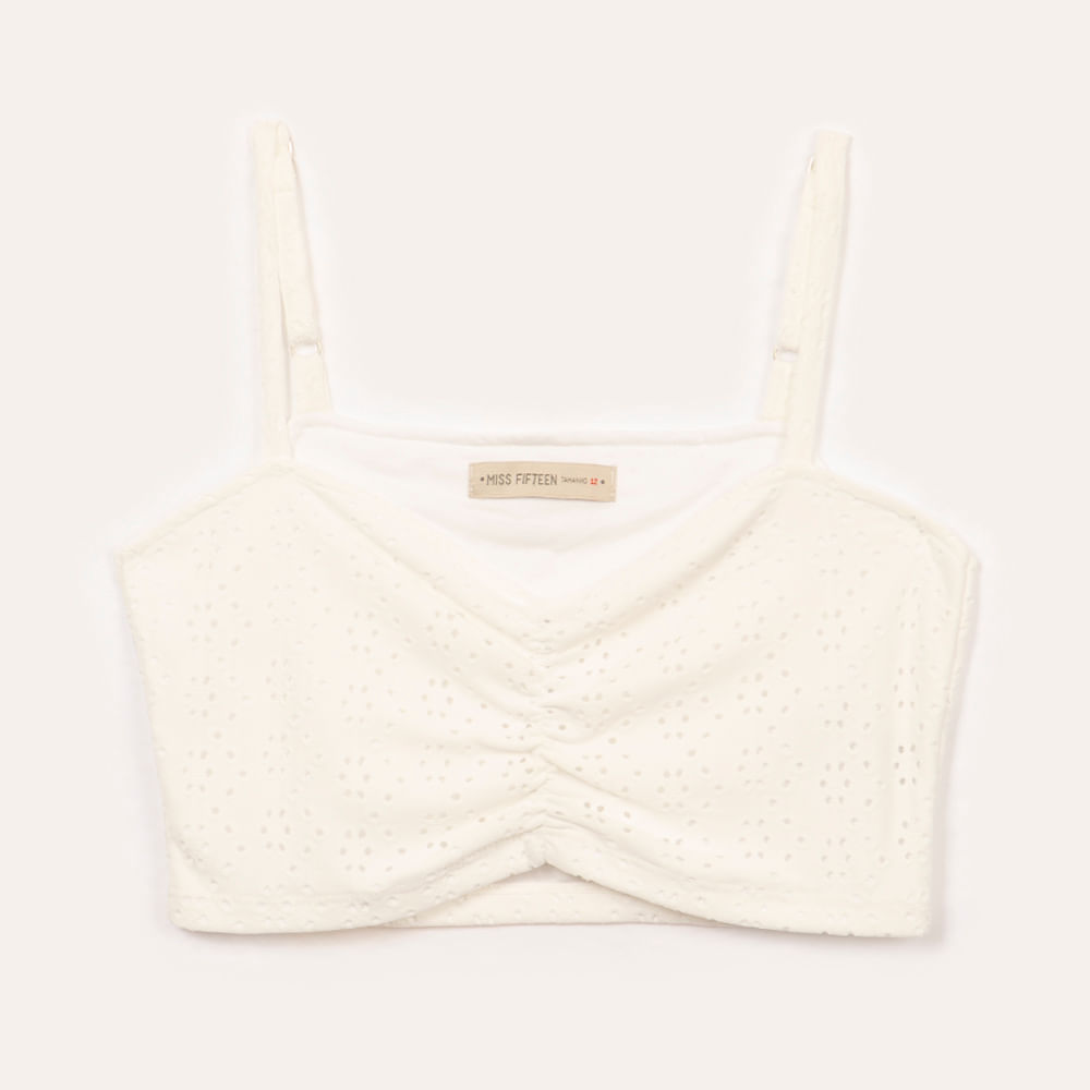 Cropped juvenil de laise com franzido alça fina off white