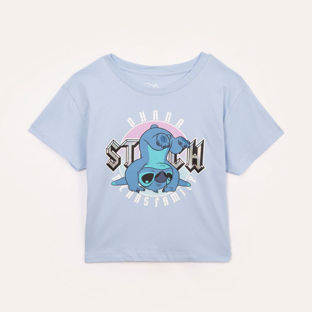 Camiseta de algodão juvenil stitch azul claro Camiseta de algodão juvenil stitch azul claro