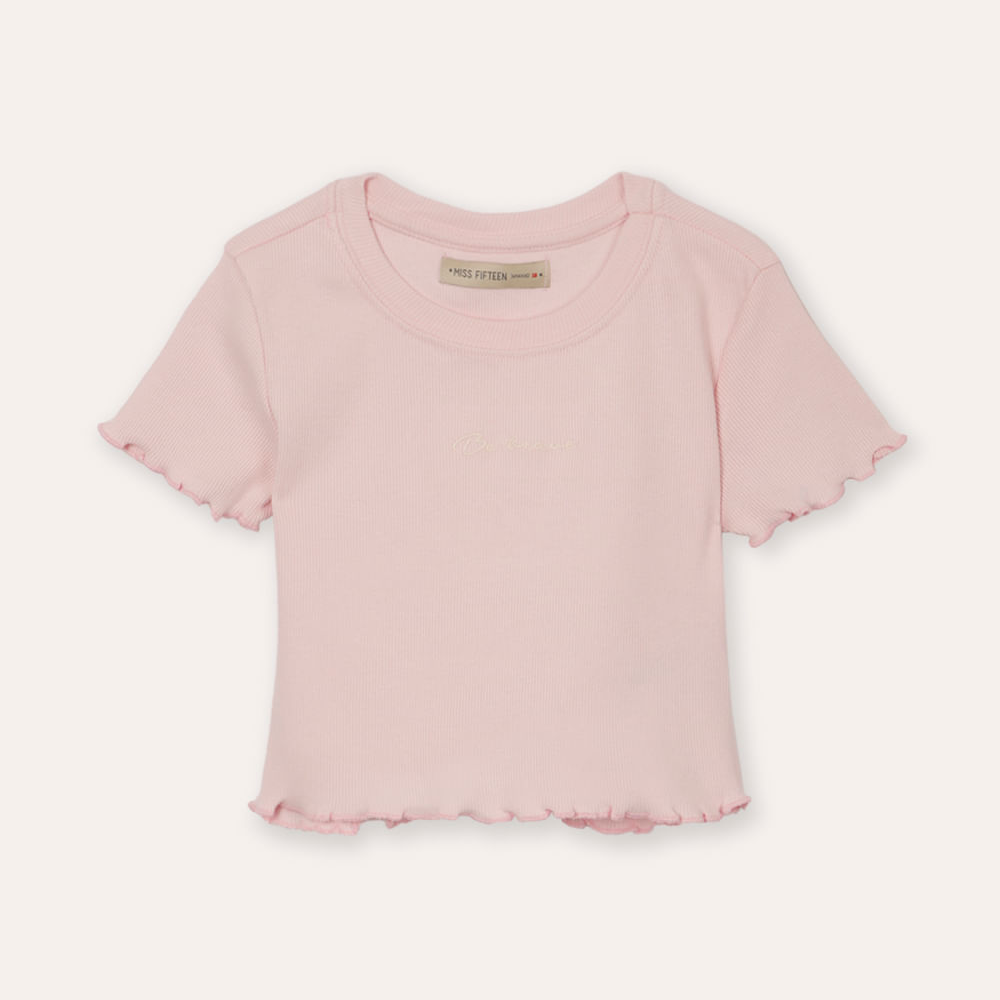 Camiseta cropped de algodão juvenil be brave com fru fru rosa Camiseta cropped de algodão juvenil be brave com fru fru rosa
