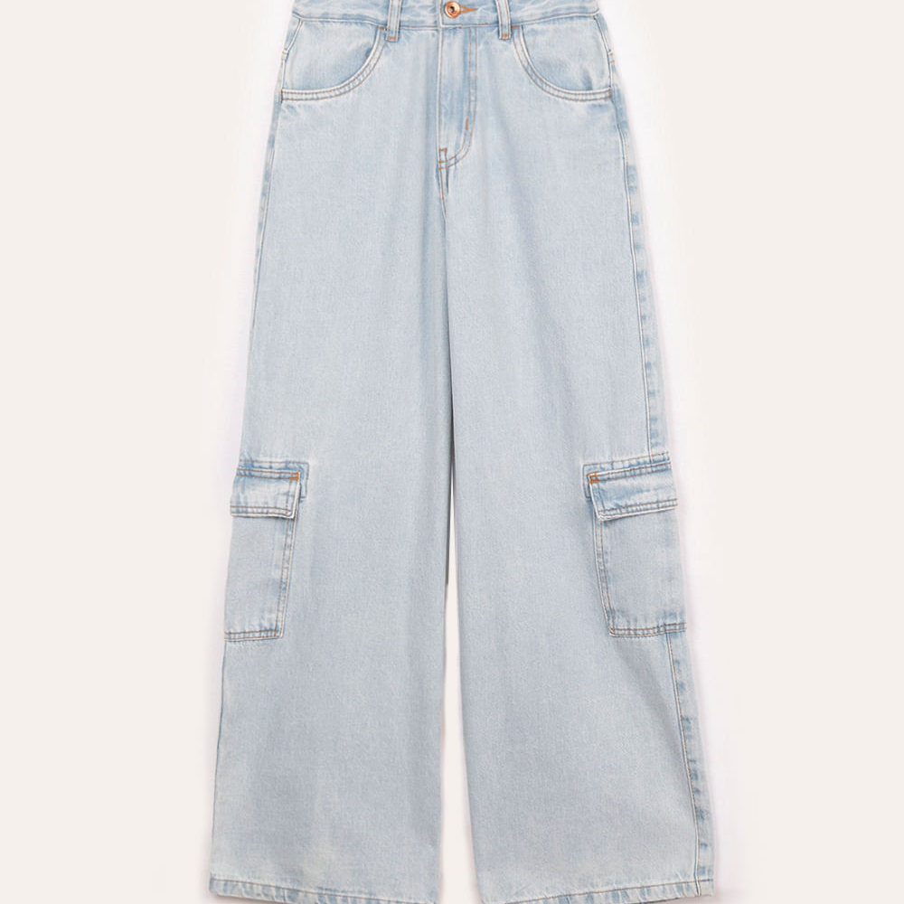 Calça jeans wide leg cargo juvenil azul claro Calça jeans wide leg cargo juvenil azul claro
