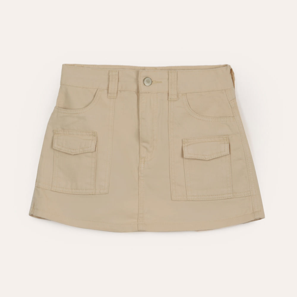 Short saia juvenil de sarja cargo bege