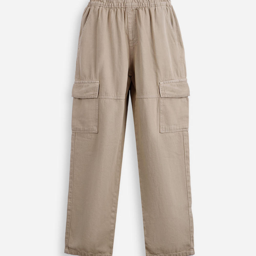 Calça cargo reta juvenil de sarja cós elástico bege Calça cargo reta juvenil de sarja cós elástico bege