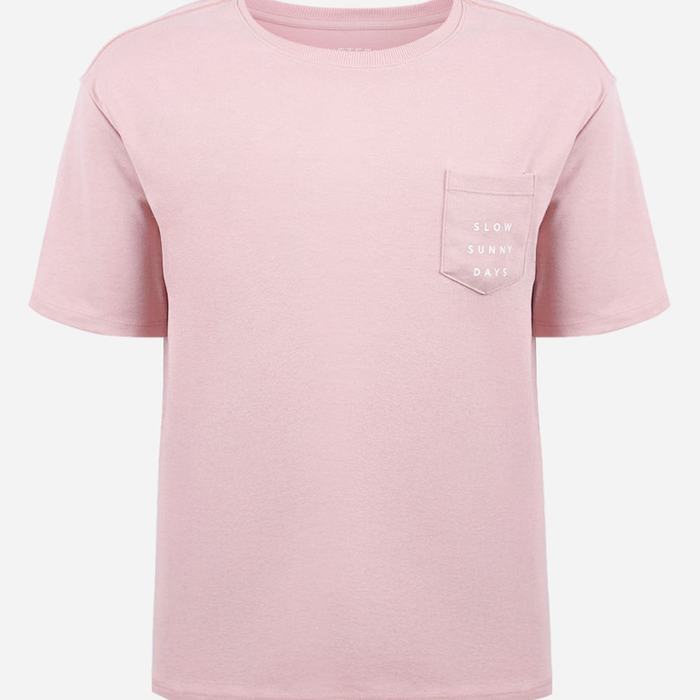 Camiseta juvenil com algodão e bolso estampado rosa Camiseta juvenil com algodão e bolso estampado rosa