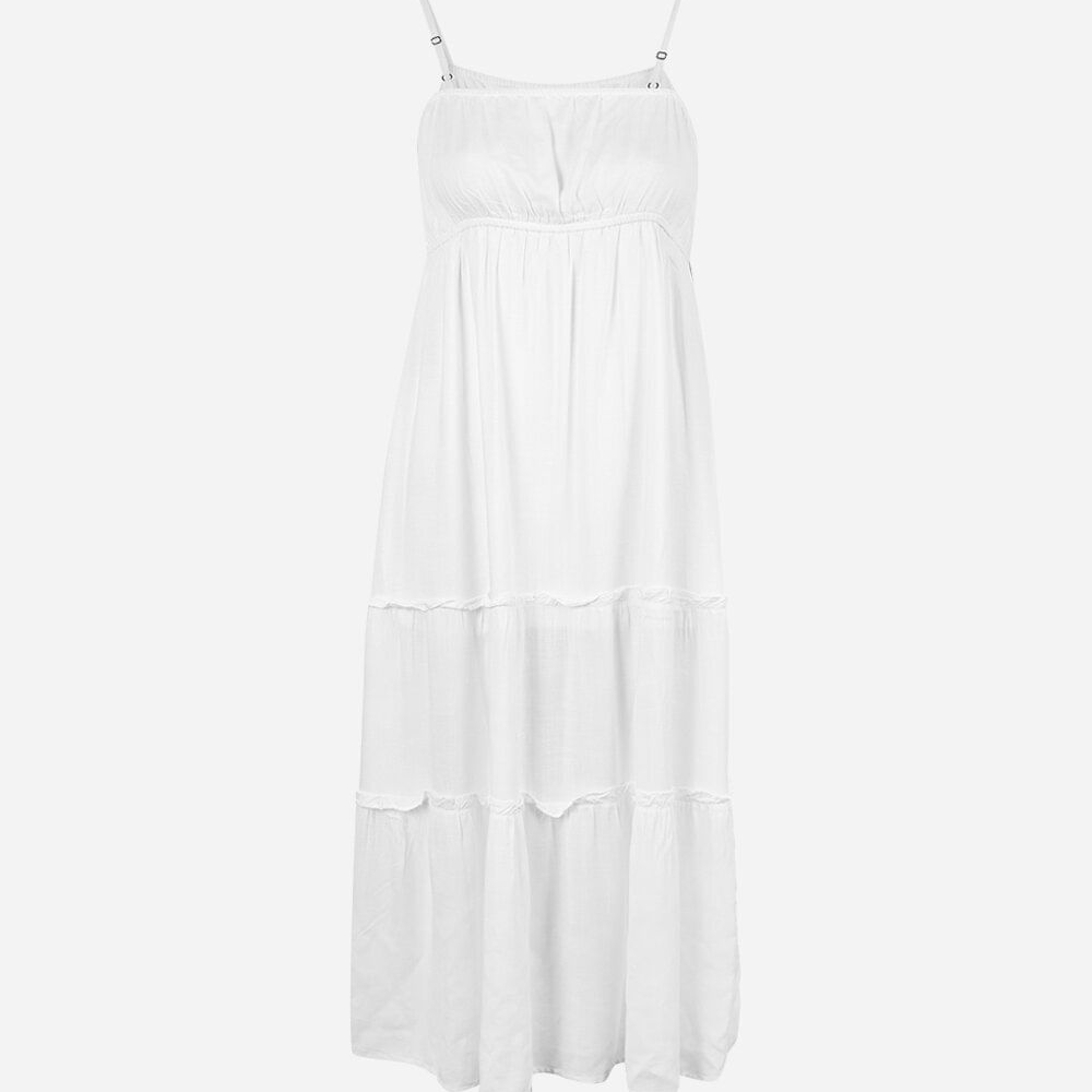 Vestido longo juvenil de viscose com alças finas off white Vestido longo juvenil de viscose com alças finas off white