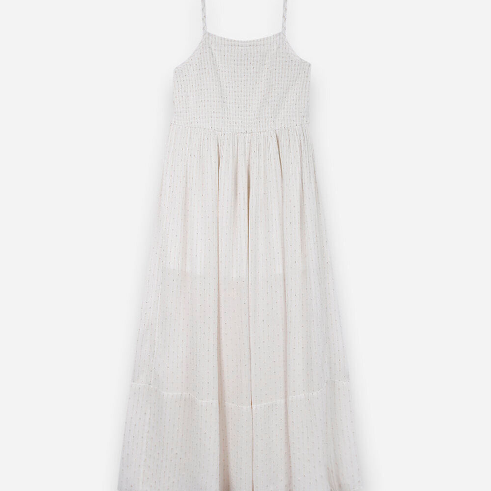 Vestido midi juvenil de viscose com alças finas e lurex off white
