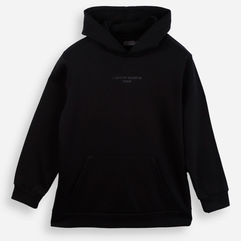 Blusão de moletom juvenil com capuz estampado preto Blusão de moletom juvenil com capuz estampado preto