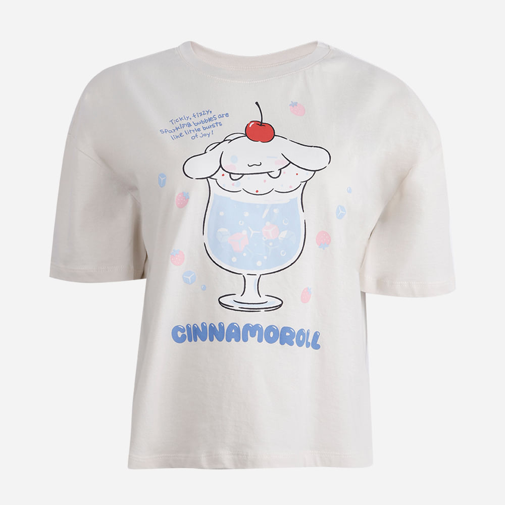 Camiseta boxy juvenil de algodão cropped cinnamoroll bege