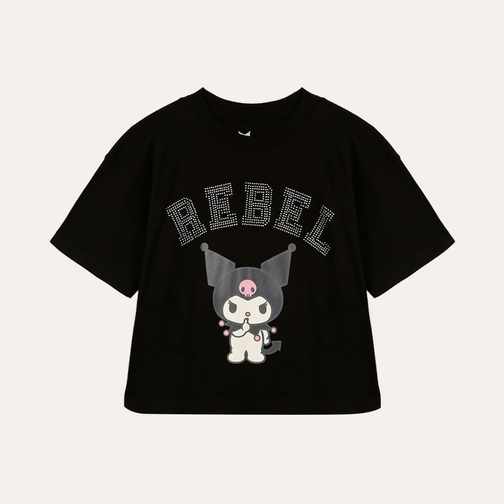 Camiseta de algodão infantil kuromi com brilhos preta