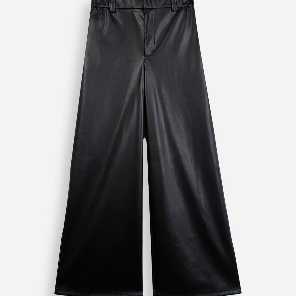 Calça wide leg juvenil de poliuretano preta