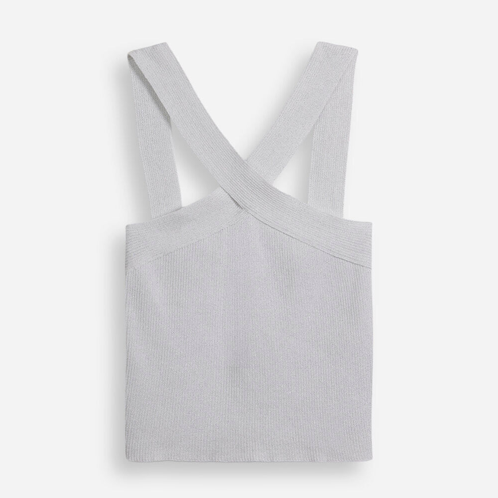 Cropped halter neck juvenil de tricô com lurex prateado Cropped halter neck juvenil de tricô com lurex prateado