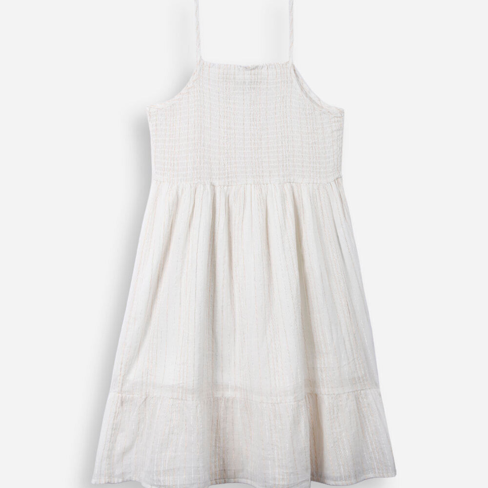 Vestido curto juvenil de algodão texturizado com lurex off white Vestido curto juvenil de algodão texturizado com lurex off white