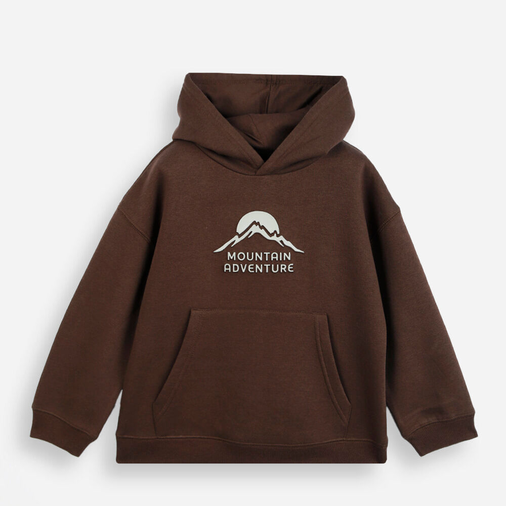 Blusão infantil de moletom com capuz estampado marrom Blusão infantil de moletom com capuz estampado marrom