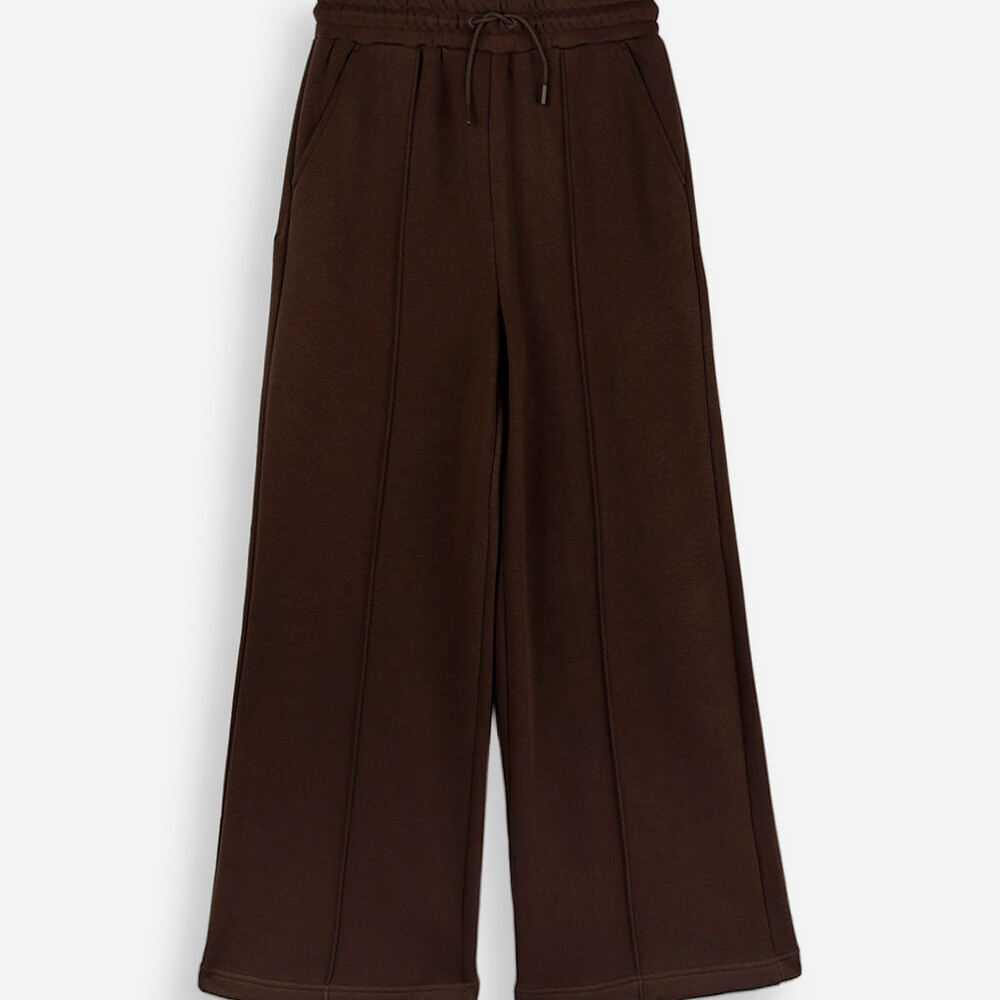 Calça wide leg juvenil com nervuras cós elástico marrom Calça wide leg juvenil com nervuras cós elástico marrom
