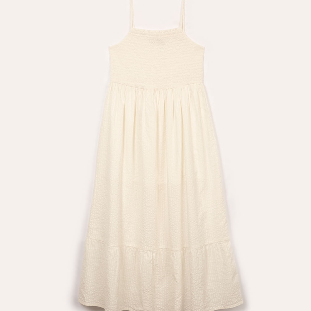 Vestido de algodão juvenil texturizado alça fina off white