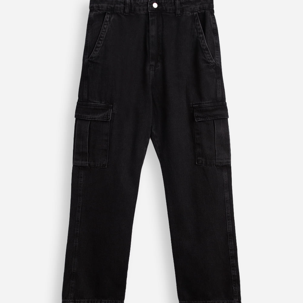 Calça jeans juvenil cargo preta