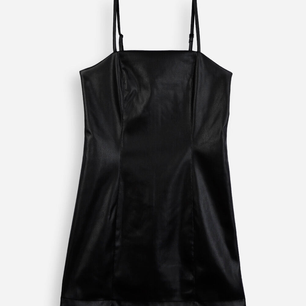 Vestido curto juvenil de poliuretano alça fina preto